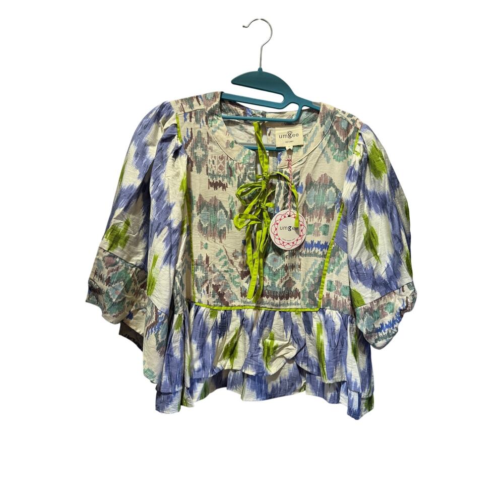 NWT Umgee Tie Front Short Bell Sleeve Geometric Print Cotton Top Size M